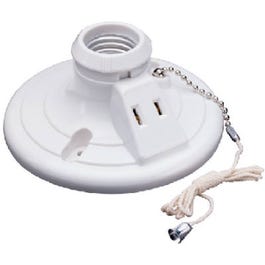 Incandescent Light Socket With Pull Chain, White Plastic, 250-Watt