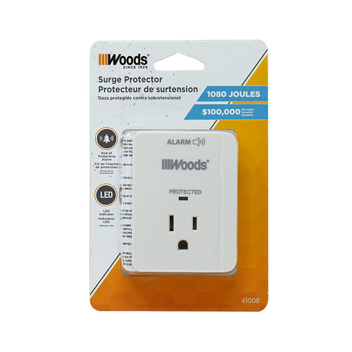 Woods® 1-Outlet Surge Tap With Appliance Alarm (White)