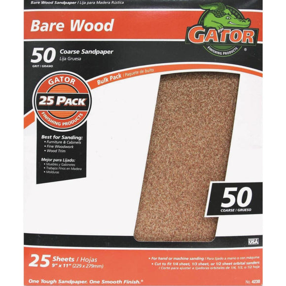 Gator Bare Wood 9 In. x 11 In. 50 Grit Coarse Sandpaper (25-Pack)